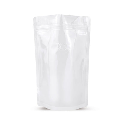 Doypack biały z zaworem aromatu — Widok główny woreczka z zaworem aromatu i ochroną aromatu od Elke Plastic