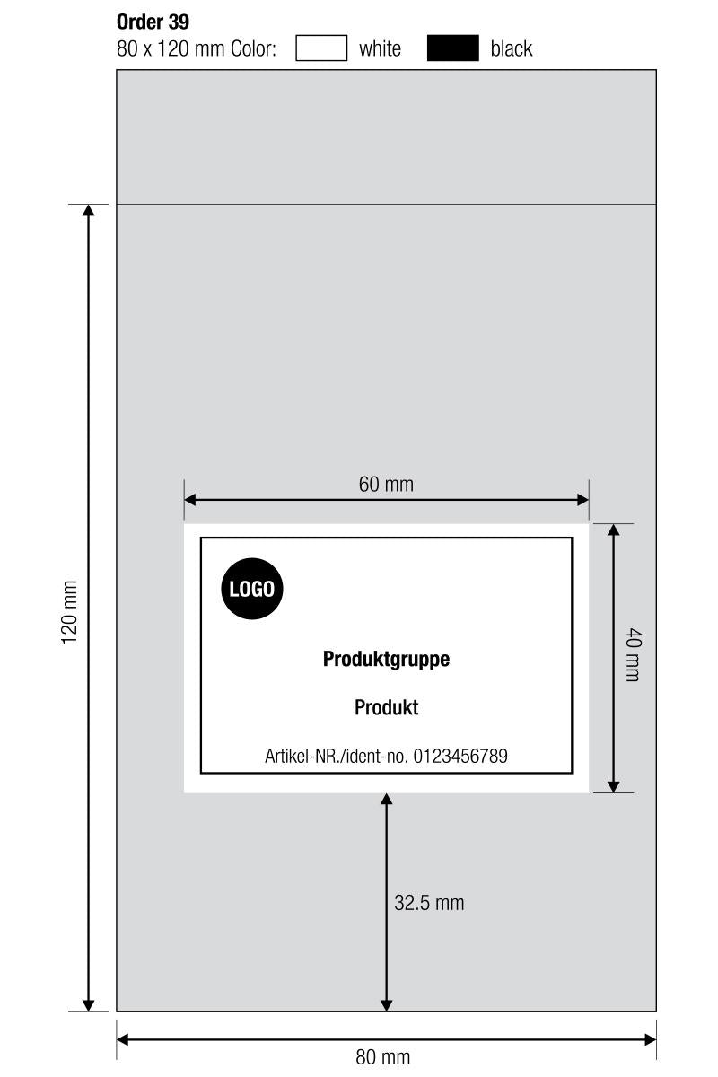 Przykładowy szkic produkcji na zamówienie z wymiarami woreczka (80×120 mm) i obszaru nadruku (60×40 mm)
