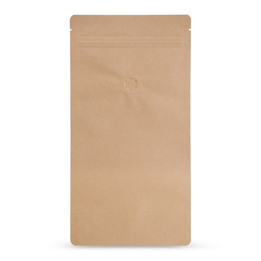 Doypack z papieru kraft z zaworem aromatu — Widok główny woreczka z zaworem aromatu, w optyce papieru kraft od Elke Plastic